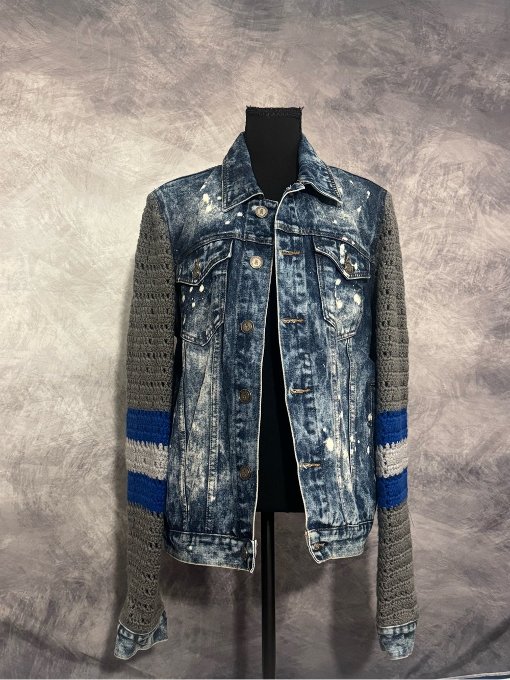 Reason Distressed Blue Denim Jacket with Gray Crocheted Sleeves and Blue Stripes